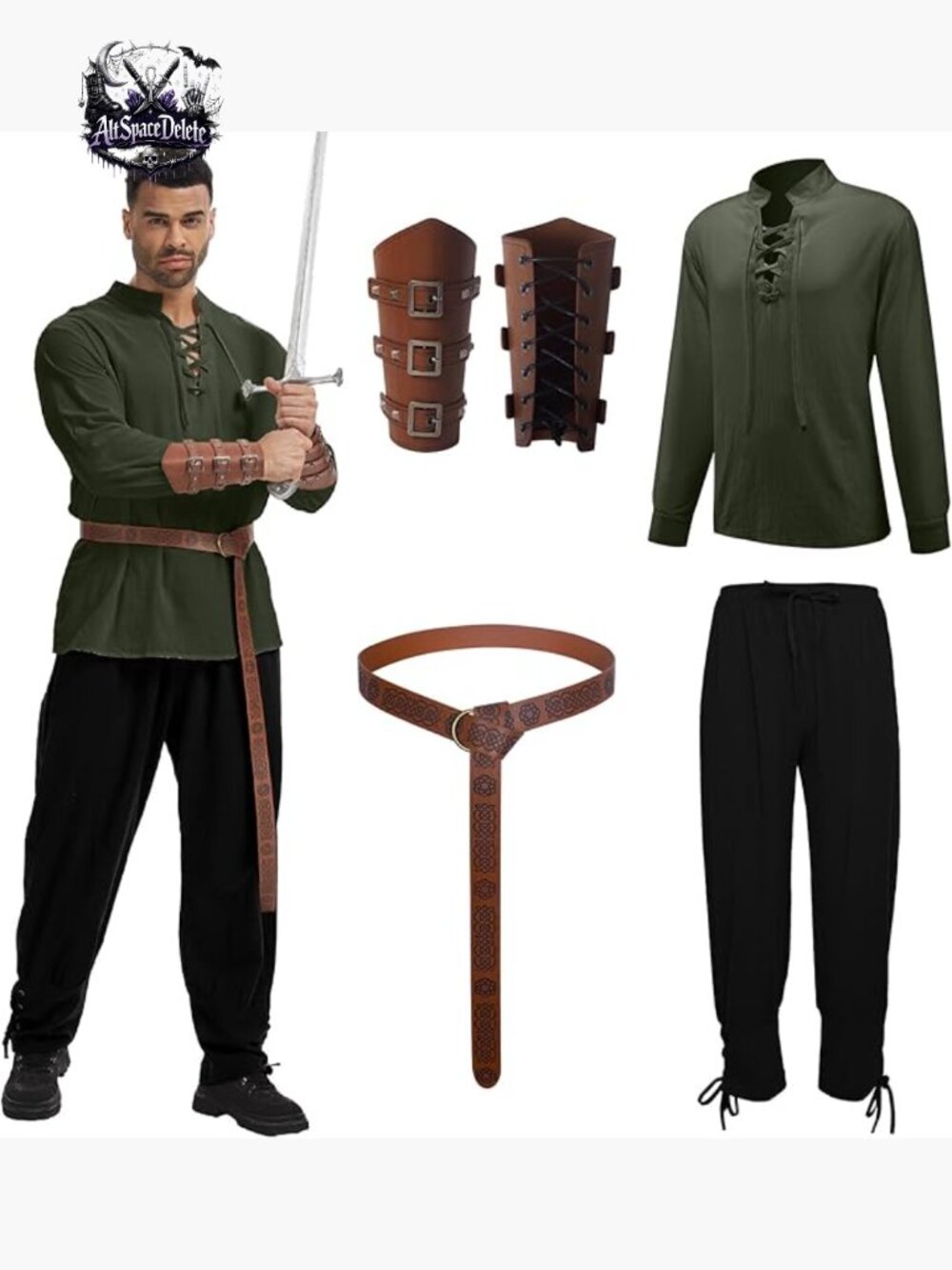 Men's Medieval Renaissance Pirate Costume Set Shirt Pants Belt Arm Guards
